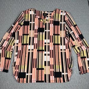 JM Collection Geometric Stripe Blouse in Pink, Black, Yellow and Gold LP